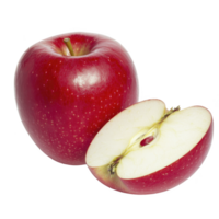 Fresh red apple with glossy skin is shown next to sliced half, revealing its juicy interior and seeds. vibrant color and texture highlight its ripeness and appeal png