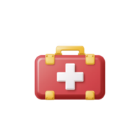 Red first aid kit with white cross symbol and yellow handle, representing emergency medical supplies. kit is designed for quick access in urgent situations png