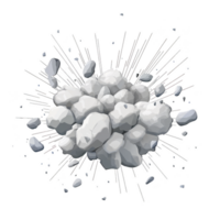 Dynamic explosion of gray rocks and debris, captured mid air, with sharp lines radiating outward, creating sense of motion and energy. rocks vary in size, adding depth png