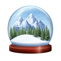 Snow globe with serene winter scene features snow covered mountains and evergreen trees, evoking sense of tranquility and wonder. wooden base adds classic touch png