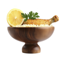 Wooden bowl filled with fluffy rice is topped with golden brown chicken drumstick, garnished with fresh lemon slice and parsley, creating delicious and inviting presentation png