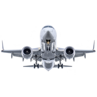 Commercial airplane is captured in front view, showcasing its engines and landing gear. image highlights aircraft sleek design and engineering precision, emphasizing its readiness for flight png