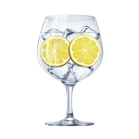 Clear glass filled with ice cubes and two lemon slices creates refreshing and elegant presentation. transparent glass showcases vibrant yellow of lemons, enhancing visual appeal png