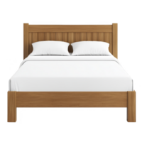 Wooden bed frame with simple design features white mattress and two pillows, creating cozy and inviting atmosphere. natural wood finish adds warmth to bedroom decor png