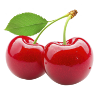 Two vibrant red cherries with glossy finish are connected by their stems, accompanied by single green leaf, creating fresh and appetizing appearance png
