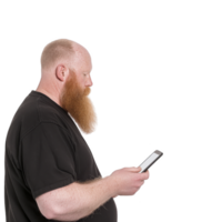 Man with long beard and black shirt is focused on using smartphone, isolated on transparency background. image captures side profile view, emphasizing concentration png