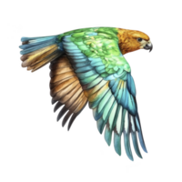 Vibrant parrot with green, blue, and orange feathers is captured in mid flight, showcasing its colorful plumage and dynamic movement against plain background png