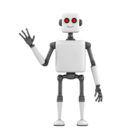 Friendly robot with white body and red eyes waves hello, showcasing its mechanical design and humanoid features. robot simple yet expressive appearance conveys sense of approachability png