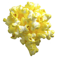 Cluster of bright yellow popcorn pieces is arranged spherical shape, showcasing their fluffy texture and vibrant color. popcorn appears freshly popped, with glossy finish that suggests buttery png