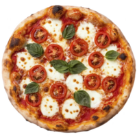 Delicious margherita pizza topped with fresh mozzarella, vibrant tomatoes, and fragrant basil leaves on crispy crust. classic Italian dish is both appetizing and visually appealing png