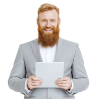 Smiling man with beard in gray suit holds tablet, exuding confidence and professionalism. image conveys sense of modern business and technology engagement png