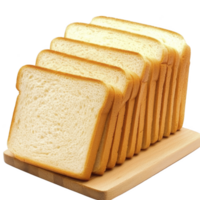 Slices of fresh white bread are neatly arranged on wooden cutting board, showcasing their soft texture and golden crust. bread appears fluffy and inviting, perfect for sandwiches or toast png