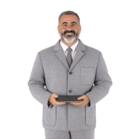 Man in gray suit holding black box, smiling confidently against plain background. suit is textured, and he has well groomed beard, exuding professionalism and warmth png
