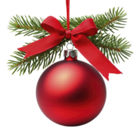 Shiny red Christmas ornament hangs from green pine branch, adorned with festive red bow, creating joyful holiday atmosphere png
