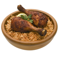 Two grilled chicken drumsticks rest on bed of seasoned rice in wooden bowl, garnished with lemon slice and fresh parsley, creating delicious and inviting meal png
