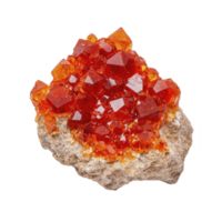 Vibrant red orange vanadinite crystals on rough stone base, showcasing their hexagonal shape and glossy surface. mineral striking color and geometric form make it captivating specimen png