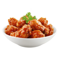 Bowl of glazed chicken wings garnished with fresh parsley, showcasing delicious and appetizing appearance. wings are coated in shiny, sticky sauce, enhancing their savory appeal png
