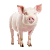 Cute pink piglet stands facing forward, showcasing its large ears and snout. piglet smooth skin and curious expression add to its charm. image is isolated on transparency background png