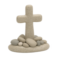Stone cross stands on base surrounded by smooth pebbles, creating serene and contemplative atmosphere. natural texture and neutral colors evoke sense of peace and reflection png