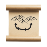 Vintage scroll with hand drawn mountain range and curved arrows evokes sense of adventure and exploration. rustic design suggests journey or navigation theme png