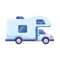 Cartoon style illustration of light blue camper van with rounded edges and windows, showcasing playful and adventurous vibe. vehicle is designed for travel and exploration png