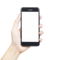 Hand holding smartphone with blank screen, isolated on transparency background. image focuses on device, showcasing its sleek design and modern technology png