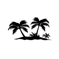 Silhouette of palm trees on small island, evoking tropical and serene atmosphere. simple black design highlights iconic shape of trees against plain background png