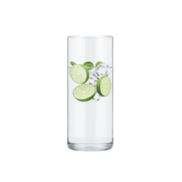 Tall glass filled with refreshing water, ice cubes, and lime slices, creating cool and invigorating drink. clear glass showcases vibrant green of lime against ice png