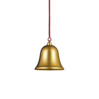Golden bell with red string is suspended against plain background, showcasing its shiny metallic surface and elegant design png