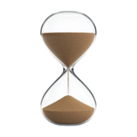 Hourglass with sand flowing from top bulb to bottom symbolizes passage of time. clear glass and brown sand create classic and timeless design png