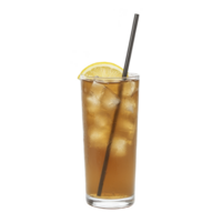 Refreshing iced tea in tall glass with ice cubes, garnished with lemon slice and black straw. drink is set against plain background, highlighting its cool and inviting appearance png