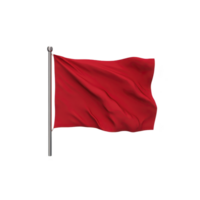 Red flag waves on silver pole against plain background, symbolizing caution or warning. fabric appears to be gently rippling in wind, creating sense of movement png