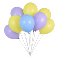 Colorful balloons in pastel shades of yellow, purple, and blue are clustered together, creating cheerful and festive atmosphere. balloons are tied with strings, ready for celebration png