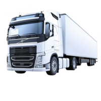White semi truck with large trailer is depicted, showcasing modern design and sleek appearance. vehicle is positioned at angle, highlighting its aerodynamic features and robust build png