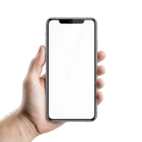 Hand holding modern smartphone with blank white screen, isolated on transparency background. image focuses on device, showcasing its sleek design and large display png