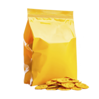 Bright yellow snack bag stands upright next to pile of crispy, golden chips, creating inviting and appetizing display png