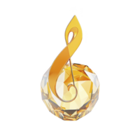 Golden treble clef elegantly rests atop faceted crystal sphere, symbolizing music and luxury. intricate design and sparkling facets create sense of sophistication and artistic flair png