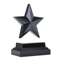 Shiny black star trophy with sleek design stands on rectangular base, symbolizing achievement and excellence. modern and elegant appearance makes it ideal for awards png