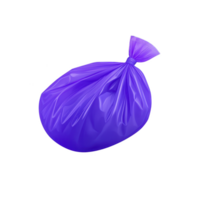 Purple plastic garbage bag is tied at top, isolated on transparency background. bag appears full and is slightly shiny, indicating it is made of durable material png