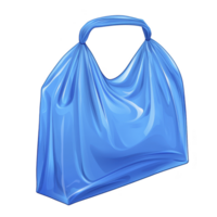 Blue plastic shopping bag with handle, depicted in realistic style, isolated on transparency background. bag appears crumpled and shiny, suggesting lightweight material png