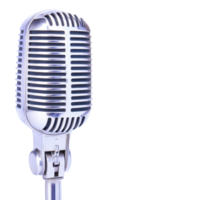 Vintage style silver microphone stands prominently against plain background, evoking sense of nostalgia and classic charm. microphone sleek design and metallic finish highlight its retro appeal png
