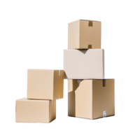 Five cardboard boxes are stacked in balanced arrangement, showcasing concept of organization and storage. boxes vary in size and are set against plain background png