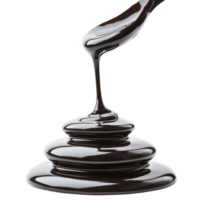 Spoon drizzles smooth, glossy chocolate syrup onto stack, creating rich, indulgent cascade. dark, shiny liquid forms elegant layers, evoking sense of luxury and sweetness png