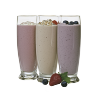 Three delicious smoothies in tall glasses, featuring strawberry, vanilla, and blueberry flavors, are garnished with fresh fruits and whipped cream, creating refreshing and colorful display png