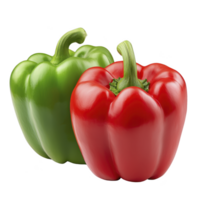 Two fresh bell peppers, one green and one red, are displayed side by side, showcasing their vibrant colors and glossy texture. peppers are positioned against plain background png
