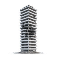 Tall, modern building with significant structural damage and debris, showing multiple floors collapsed inward, illustrating aftermath of disaster or demolition png