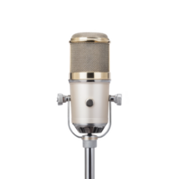 Vintage style microphone with metallic finish and mesh grille, featuring adjustable knobs, stands on sleek stand, ideal for professional audio recording or broadcasting png