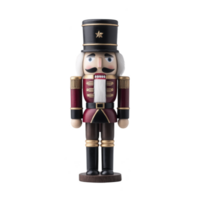 Traditional wooden nutcracker soldier stands upright, featuring classic design with tall black hat, red and gold uniform, and white hair. nutcracker exudes festive and nostalgic charm png
