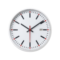 Round wall clock with white face, black hour and minute hands, and red second hand. It features date display on right side. clock has minimalist design png