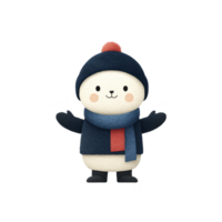 Cute cartoon character dressed warmly in blue hat, scarf, and coat, with cheerful expression. character has round face and small, rosy cheeks, adding to its charm png